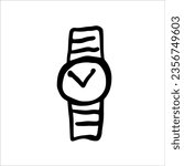 Watch. Vector black and white hand-drawn illustration. Isolated object on a white background. Clipart, sketch, template, logo, icon.