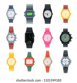 Watch vector business wristwatch or fashion wrist clock with clockwork and clockface clocked in time with hour or minute arrows illustration set of clocking alarm timer isolated on white background