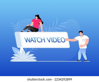 Watch video banner in flat stylewith people on white background.Web media. Online translation. Vector illustration