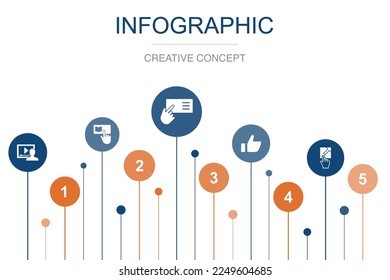 watch video, learn more, read more, like, visit link, icons Infographic design layout template. Creative presentation concept with 5 steps
