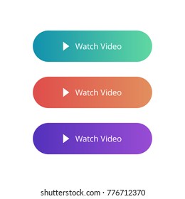 Watch video vector buttons. Video play button set in different colors isolated on white background. Flat gradient buttons. Vector modern colourful buttons collection