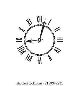 Watch with vintage round dial, ornate clock hands isolated monochrome icon. Vector antique wall or pocket watch with roman numerals, time design element. Watch face with black and white timepiece