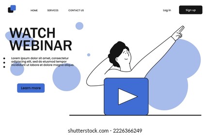 Watch webinar online and internet video education course vector illustration concept. Web study and student training virtual. Business class and digital tutorial. Conference streaming and live lesson