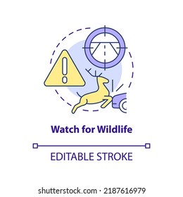 Watch for wildlife concept icon. Slow down when seeing deer. Driving safety at night abstract idea thin line illustration. Isolated outline drawing. Editable stroke. Arial, Myriad Pro-Bold fonts used