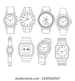 Watch wrist vector outline set icon. Isolated outline set icon wristwatch. Vector illustration clock on white background 