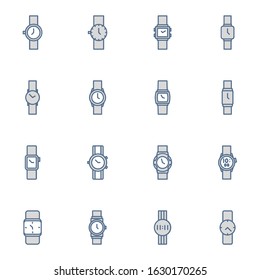 Watch and wristwatch icon set. Simple watch and timer colored outline icon sign concept.  Watch flat icons collection vector illustration.