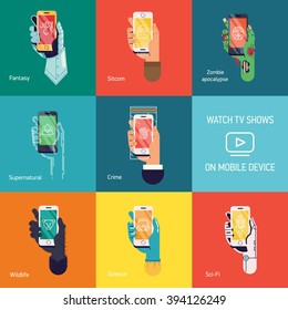 Watch your favorite TV Shows on mobile device vector concept illustrations. Mobile device in hands of ordinary man, knight, zombie, ghost, detective, monkey, scientist and droid. TV series online