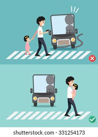 watch your step.man with child on the crosswalk, illustration, vector