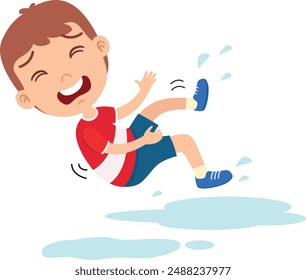 Watch your step. kid boy slipping on water isolated illustration vector