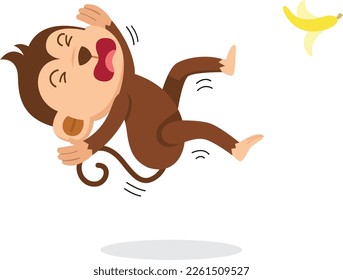 Watch your step. monkey slipping on a banana peel isolated illustration vector