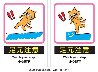 "Watch your step" signs written in 3 languages (slippery  steps)