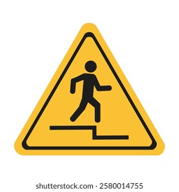 Watch your step. Yellow warning triangle. Black walking figure. Safety caution sign.