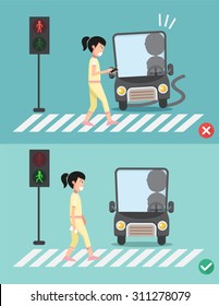 watch your step.women on the crosswalk ,illustration,vector