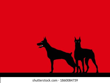 Watchdogs. Stylized image of two alert dobermans. Vector image for illustrations.