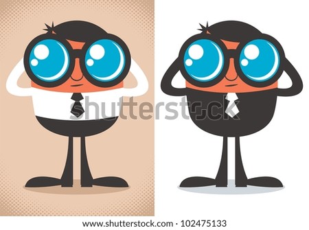 Watcher: Cartoon character watching with binoculars. The illustration is in 2 color versions. No transparency and gradients used.