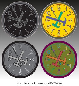 Watches, arrows, hammers.
Abstract color vector illustration on the theme - a mechanism to display the time.