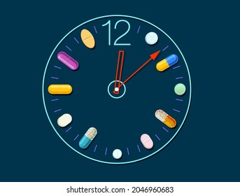 Watches and assorted pills, capsules around. The concept of taking medication on a treatment schedule. Vector illustration.