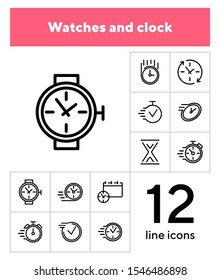 Watches and clock line icon set. Set of line icons on white background. Time concept. Vector illustration can be used for topics like sport, management