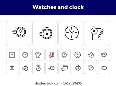 Watches and clock line icon set. Set of line icons on white background. Time concept. Vector illustration can be used for topics like sport, management