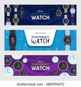 Watches colorful banners design set. Wristwatches of various styles vector illustration. Collection of graphic elements with text. Template for promotion poster, brochures, advertising flyers