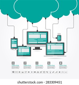 Watches, computer, mobile phone, laptop connected to the "cloud". Cloud computing concept design. File is saved in AI10 EPS version. This illustration contains a transparenc