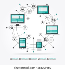 Watches, computer, mobile phone, laptop surrounded by abstract computer network with integrated circles and icons for digital,  network, internet, connect, social media, communicate