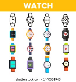 Watches, Gadgets Vector Thin Line Icons Set. Watches, Mechanical, Electronic Mechanisms Linear Pictograms. Modern Digital Devices with Geolocation, SMS Chatting Functions Color Flat Illustrations