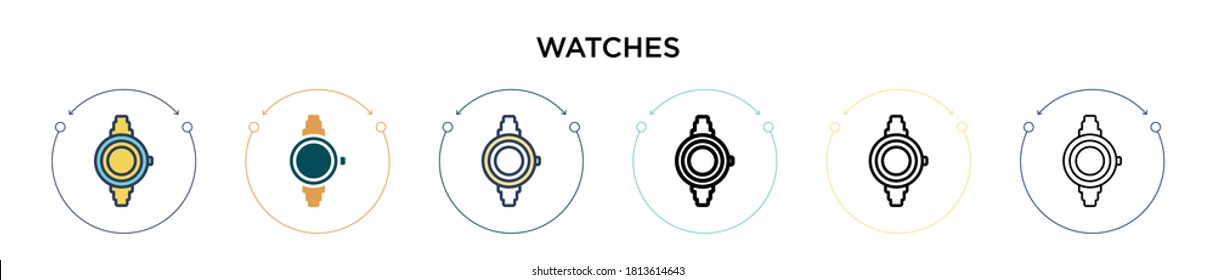 Betrachtet das Symbol im vollen, dünnen, umrissenen und streichenden Stil. Vektorgrafik von zwei farbigen und schwarzen Uhren Vektorsymbole können für mobile, iPhone-, web-basierte