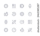 Watches icon set. Thin line icon. Editable stroke. Containing clock, time, stopwatch, smartwatch, divecomputer, wristwatch, returntothepast, pocketwatch, strap.