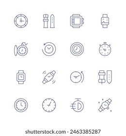 Watches icon set. Thin line icon. Editable stroke. Containing clock, time, stopwatch, smartwatch, divecomputer, wristwatch, returntothepast, pocketwatch, strap.