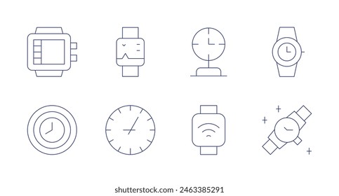 Mira iconos. Trazo editable. Conteniendo pulsera inteligente, reloj, reloj de pulsera, nuevo reloj, divecomputer, reloj inteligente.