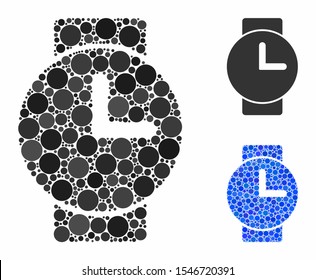 Watches mosaic of small circles in different sizes and color hues, based on watches icon. Vector small circles are grouped into blue mosaic. Dotted watches icon in usual and blue versions.