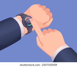 Watches on hand. People gesture with smartwatches finger touch on screen exact vector template concept picture