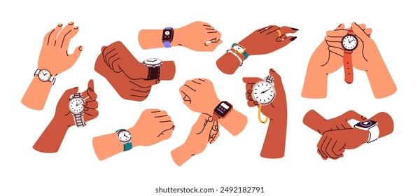 Watches on hands set. Holding wristwatch, checking time, looking at wrist clock, control with stopwatch. Digital smartwatch, vintage timer. Flat vector illustration isolated on white background