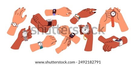 Watches on hands set. Holding wristwatch, checking time, looking at wrist clock, control with stopwatch. Digital smartwatch, vintage timer. Flat vector illustration isolated on white background