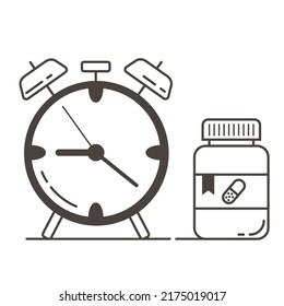 Watches And Packaging With Pills In Outline Style. Medication Reminder. Treatment For Illness. Taking Vitamins. Black And White Image.