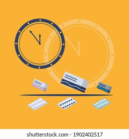 Relojes y pastillas. Tiempo de medicación. Concepto de programación de tratamiento precisa. Medicina y Farmacia. Ilustración vectorial. Estilo plano.