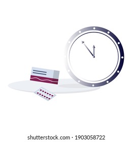 Watches and pills. Time of taking medications or vitamins. The concept of an accurate timetable for treatment or prevention. Medicine and pharmacy. Vector illustration. Flat style.