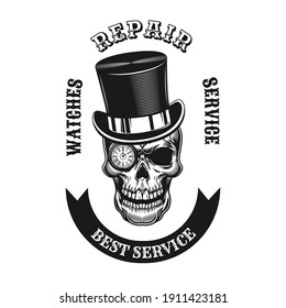 Watches repair emblem design  Monochrome element and skull in top hat   clock in eye hole vector illustration and text  Watchmaker shop   service concept for symbols   labels templates