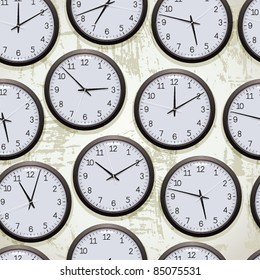 Watches seamless pattern, clocks on the wall showing different time, vector background.