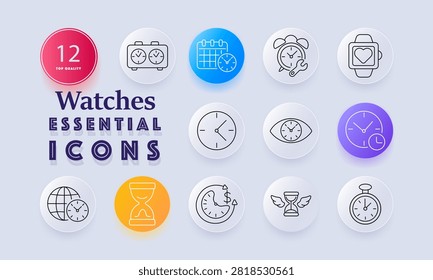 Watches set icon. Dual chronometer, scheduled calendar, ringing alarmclock, digital wristwatch, circular dial, eyesight timer, synchronized clockface, winged hourglass, metallic pocketwatch