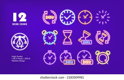 Watches set icon. Hourglass, clock, around the clock, time, circular arrows, stopwatch, alarm, sign, hour 24Hr, 24, twenty four. Signboard concept. Neon glow style. Vector line icon for Business.