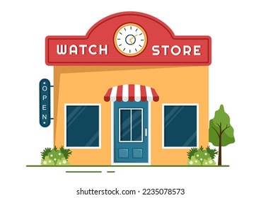 Watches Store Building Where You Buy Watch of Various Models, Analog and Digital in Flat Cartoon Hand Drawn Templates Illustration