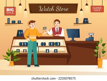 Tienda de relojes con varios modelos, analógico y digital en caricaturas planas plantillas dibujadas de mano Ilustración