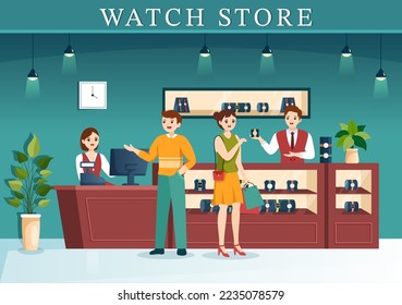 Tienda de relojes con varios modelos, analógico y digital en caricaturas planas plantillas dibujadas de mano Ilustración