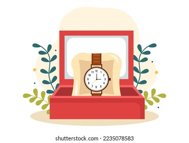 Tienda de relojes con varios modelos, analógico y digital en caricaturas planas plantillas dibujadas de mano Ilustración