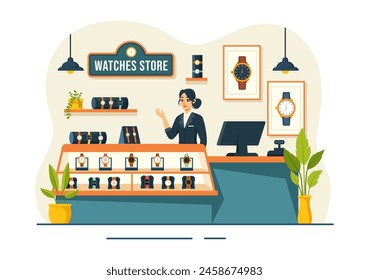 Watches Store Vector Illustration with Presentation of Stylish Wristwatch Collection Various Models, Analog and Digital in Flat Cartoon Background