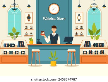 Watches Store Vector Illustration with Presentation of Stylish Wristwatch Collection Various Models, Analog and Digital in Flat Cartoon Background