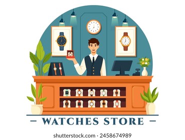 Uhrengeschäft Vektorillustration mit Präsentation der stilvollen Armbanduhr Kollektion Verschiedene Modelle, analog und digital im flachen Cartoon Hintergrund