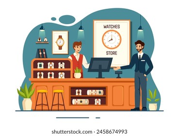 Watches Store Vector Illustration with Presentation of Stylish Wristwatch Collection Various Models, Analog and Digital in Flat Cartoon Background